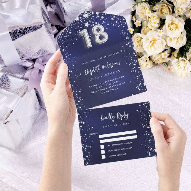 18th Birthday navy blue silver stars rsvp All In One Invitation (Creator Uploaded)