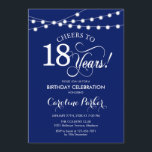 18th Birthday - Navy Blue White Invitation<br><div class="desc">18th Birthday Invitation.
Simple navy blue and white design with fairy string lights and script font. Cheers to 18 years! Can be personalized into any age! Message me if you need further customization.</div>
