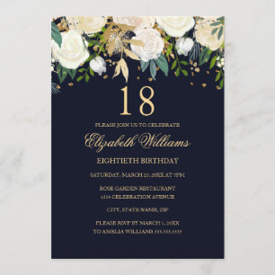 18th Birthday Navy Gold Floral 18th Birthday Invitation