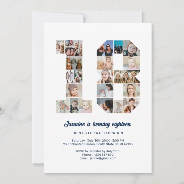 18th Birthday Number 18 Custom Photo Collage Invitation (Front)