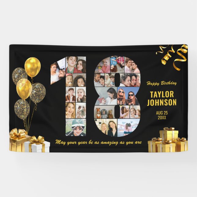 18th Birthday Number 18 Photo Collage Black Gold Banner (Horizontal)