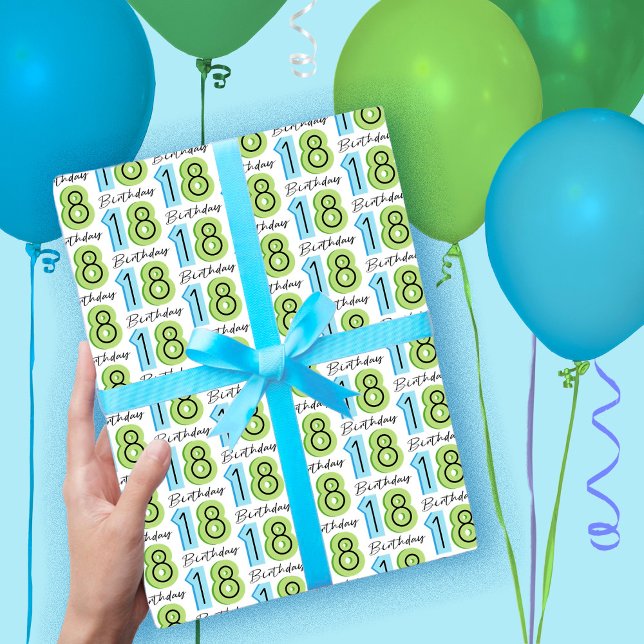 18th Birthday Numbers Green Blue Wrapping Paper Sheet (For when 18 is a big deal!)