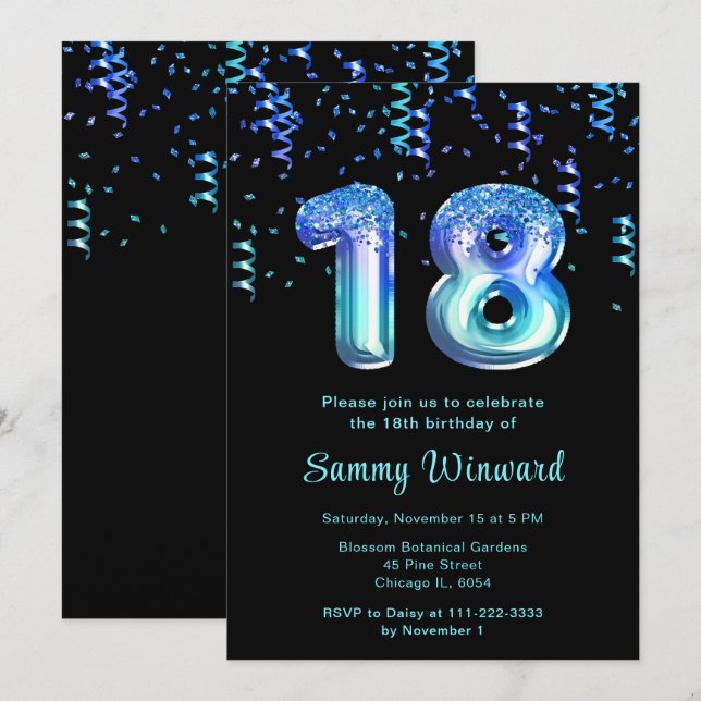 18th Birthday Ocean Balloons with Confetti Invitation (Front/Back)