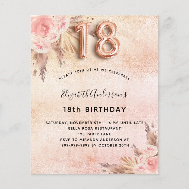 18th birthday pampas grass rose budget invitation flyer (Front)