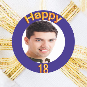 18th birthday party bkue gold photo classic round sticker