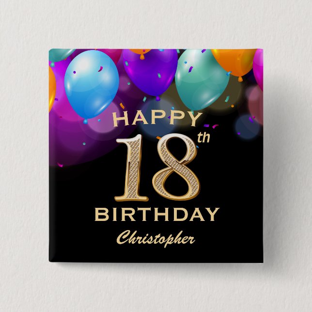18th Birthday Party Black and Gold Balloons 15 Cm Square Badge (Front)