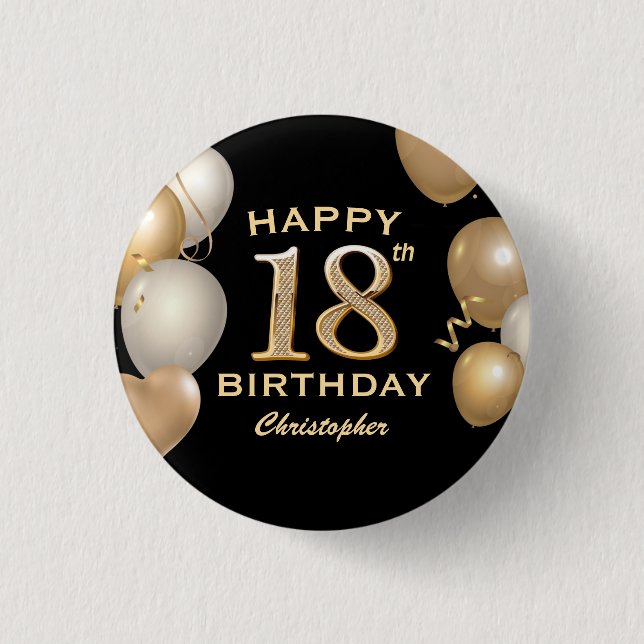 18th Birthday Party Black and Gold Balloons 3 Cm Round Badge (Front)