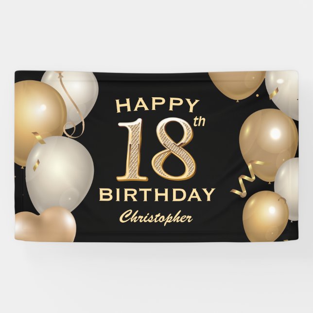 18th Birthday Party Black and Gold Balloons Banner (Horizontal)