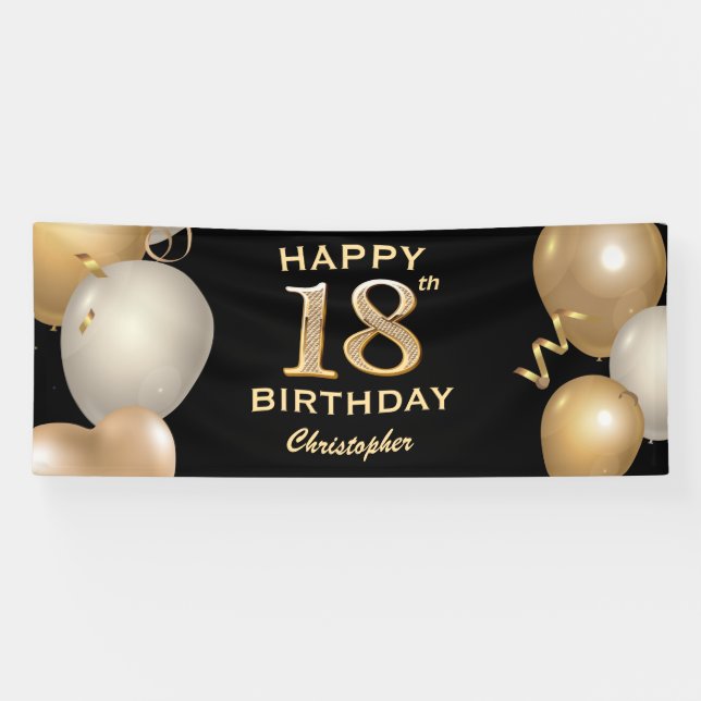 18th Birthday Party Black and Gold Balloons Banner (Horizontal)