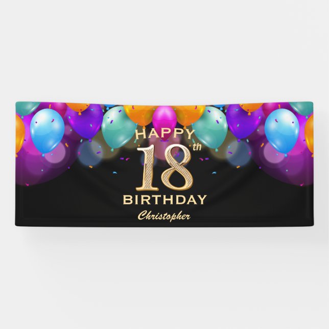 18th Birthday Party Black and Gold Balloons Banner (Horizontal)