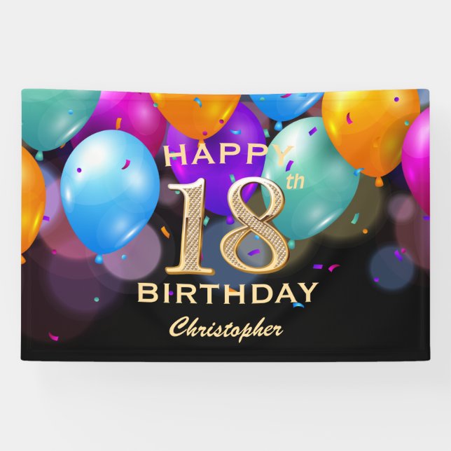 18th Birthday Party Black and Gold Balloons Banner (Horizontal)