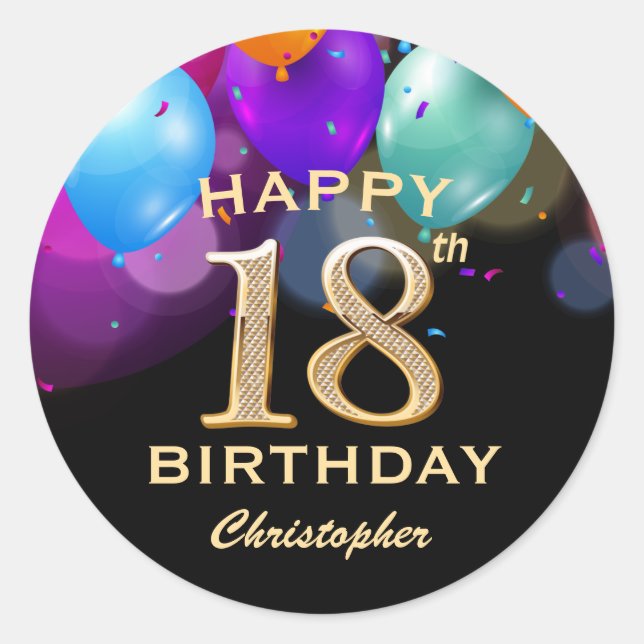 18th Birthday Party Black and Gold Balloons Classic Round Sticker (Front)
