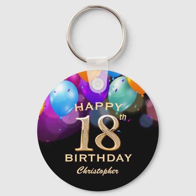 18th Birthday Party Black and Gold Balloons Key Ring (Front)