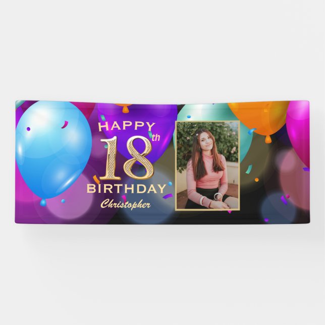 18th Birthday Party Black and Gold Balloons Photo Banner (Horizontal)