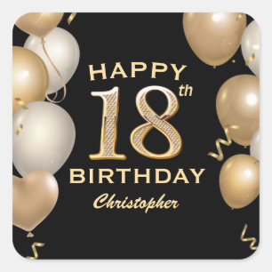 18th Birthday Party Black and Gold Balloons Square Sticker