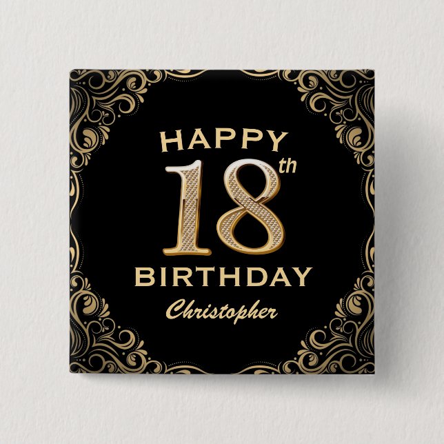 18th Birthday Party Black and Gold Glitter Frame 15 Cm Square Badge (Front)
