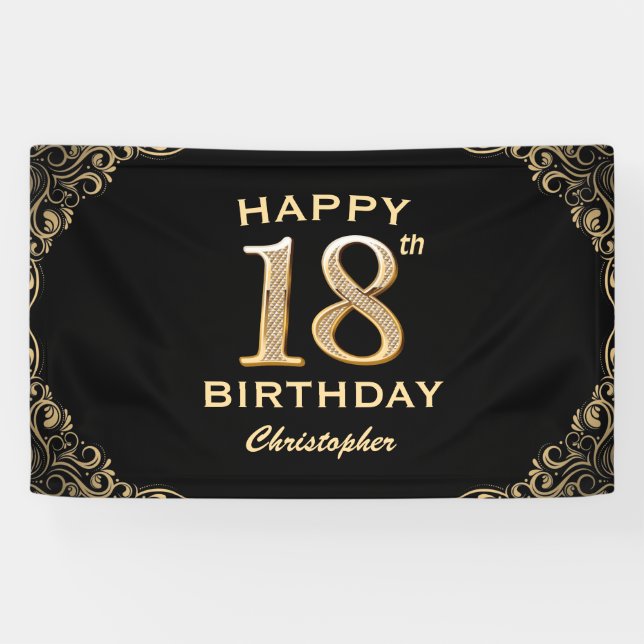 18th Birthday Party Black and Gold Glitter Frame Banner (Horizontal)