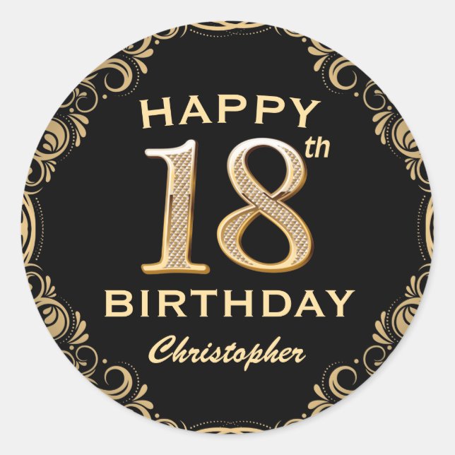 18th Birthday Party Black and Gold Glitter Frame Classic Round Sticker (Front)