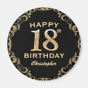 18th Birthday Party Black and Gold Glitter Frame Magnet