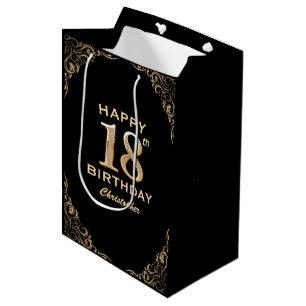 18th Birthday Party Black and Gold Glitter Frame Medium Gift Bag