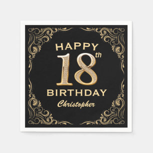 18th Birthday Party Black and Gold Glitter Frame Napkin