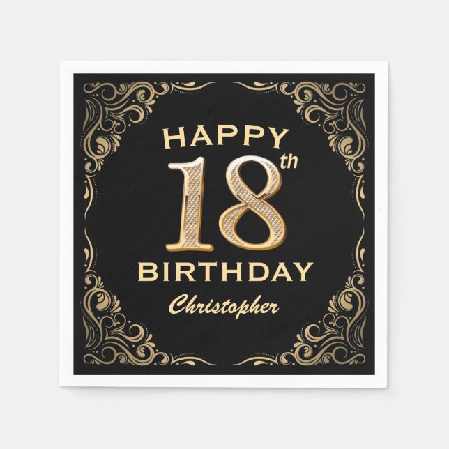 18th Birthday Party Black and Gold Glitter Frame Napkin (Front)