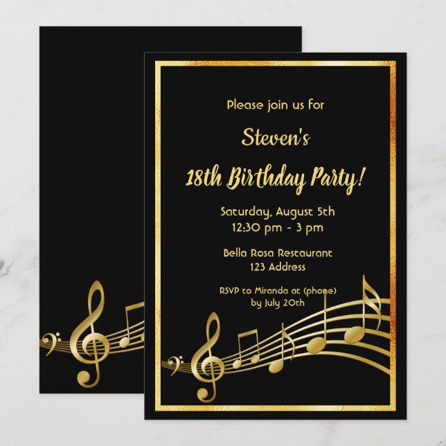 18th birthday party black and gold music notes invitation (Front/Back)
