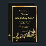 18th birthday party black and gold music notes invitation<br><div class="desc">Let's party and dance! A trendy,  modern 18th birthday party invitation card for both men and women.  A classic black background,  with faux gold  frame and music notes,  golden coloured letters. Templates for your party information.  Back: Black colour faux gold music notes.</div>