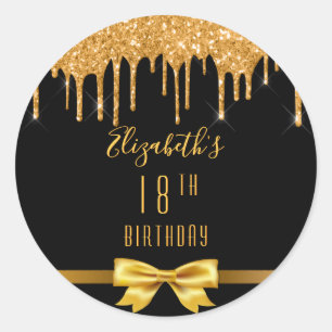 18th birthday party black gold glitter drips chic classic round sticker