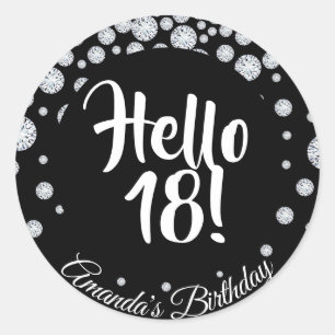 18th birthday party black hello 18 diamonds name classic round sticker