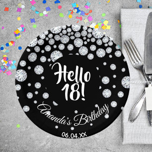18th birthday party black hello 18 diamonds name paper plate