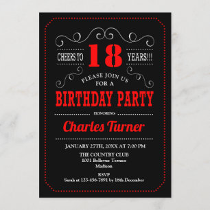 18th Birthday Party - Black Red  White Invitation