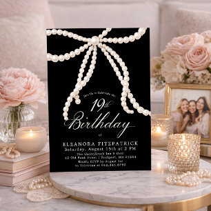 18th Birthday Party Black White Coquette Pearl Bow Invitation