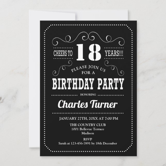 18th Birthday Party - Black White Invitation (Front)