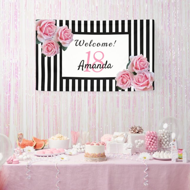 18th birthday party black white stripes florals banner (Party)