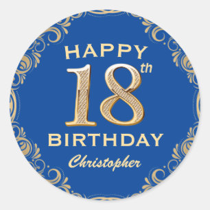 18th Birthday Party Blue and Gold Glitter Frame Classic Round Sticker