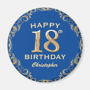 18th Birthday Party Blue and Gold Glitter Frame Magnet