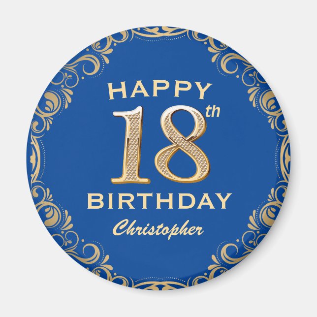 18th Birthday Party Blue and Gold Glitter Frame Magnet (Front)
