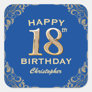 18th Birthday Party Blue and Gold Glitter Frame Square Sticker