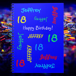 18th Birthday Party Blue Guest Book, Repeat Name Notebook<br><div class="desc">What a unique, personalized Guest Book for an 18th birthday party or any other occasion. On the cover, Name and Age repeats in different fonts and primary colors on a bright blue background. Easy to personalize - just CHANGE NAME, AGE, and OCCASION in ONE PLACE. Supports name up to 9...</div>