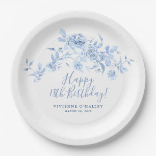 18th Birthday Party Blue Rose Floral Custom Paper Plate
