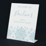 18th Birthday Party Blue White Snowflake Welcome  Pedestal Sign<br><div class="desc">Delicate pastel snowflakes create an elegant pattern perfect for a Christmas or winter birthday party. All text can be edited.</div>