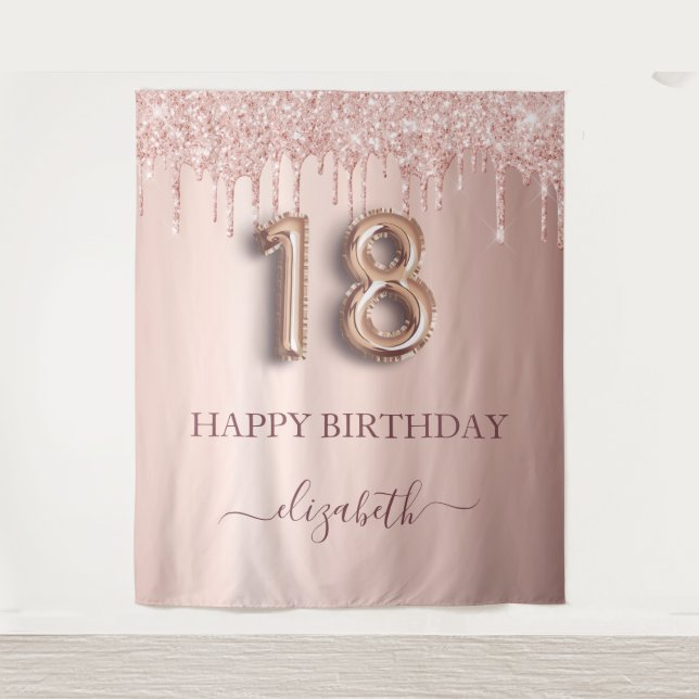 18th birthday party blush pink rose gold glitter tapestry (Front)