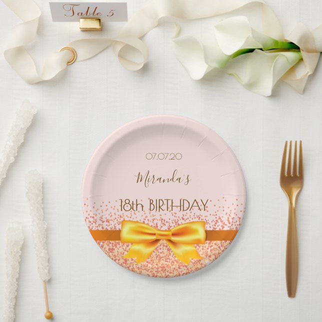 18th birthday party blush rose gold elegant bow paper plate (Wedding)