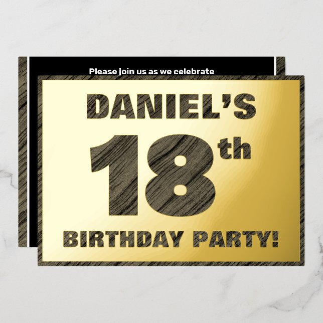 18th Birthday Party — Bold, Faux Wood Grain Text (Front/Back)