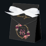 18th Birthday party burgundy gold geometric floral Favour Box<br><div class="desc">Elegant and glamourous for a 18th birthday party. On front flap: golden letters and the text: Thank You. Front and back: A chic black background with a faux gold geometric frame. Decorated with dark purple and burgundy flowers, roses and boho style feathers. The name is written with a golden hand...</div>