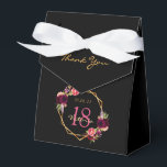 18th Birthday party burgundy gold geometric floral Favour Box<br><div class="desc">Elegant and glamourous for a 18th birthday party. On front flap: golden letters and the text: Thank You. Front and back: A chic black background with a faux gold geometric frame. Decorated with dark purple and burgundy flowers, roses and boho style feathers. The name is written with a golden hand...</div>