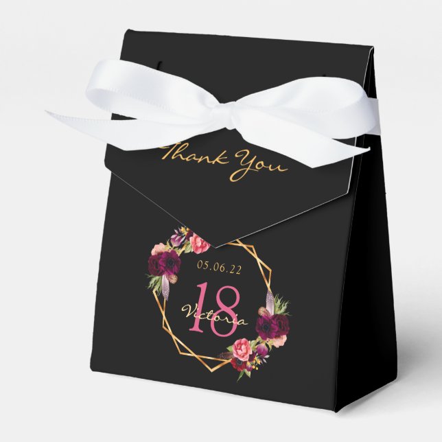 18th Birthday party burgundy gold geometric floral Favour Box (Front Side)