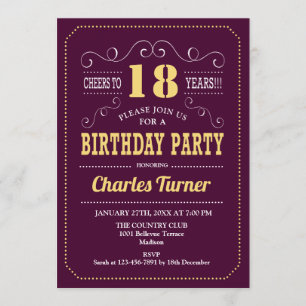 18th Birthday Party - Burgundy Gold Invitation