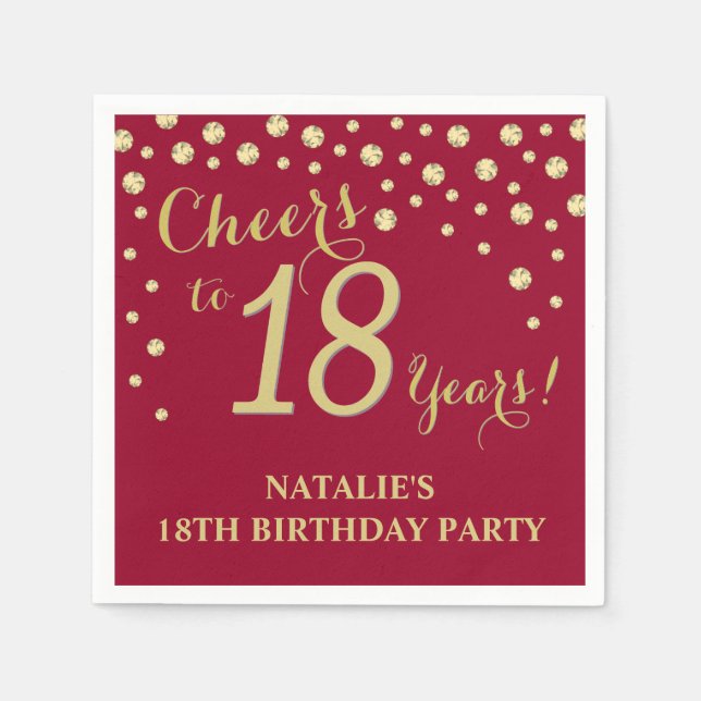 18th Birthday Party Burgundy Red and Gold Diamond Napkin (Front)